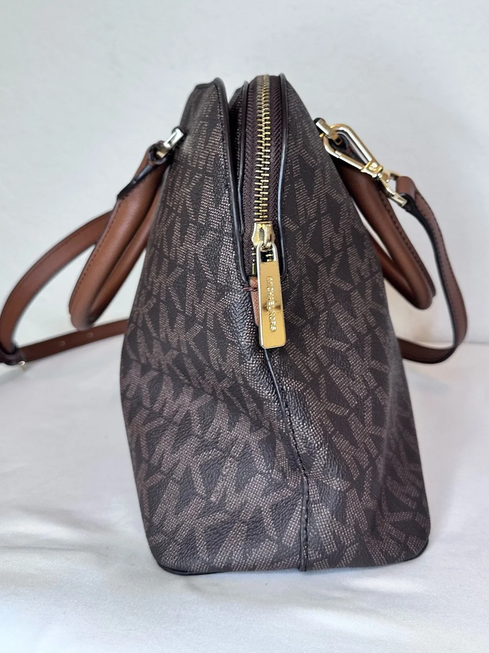 Michael Kors Jet Set Travel Large Satchel Brown MK Signature PVC Leather Trim
